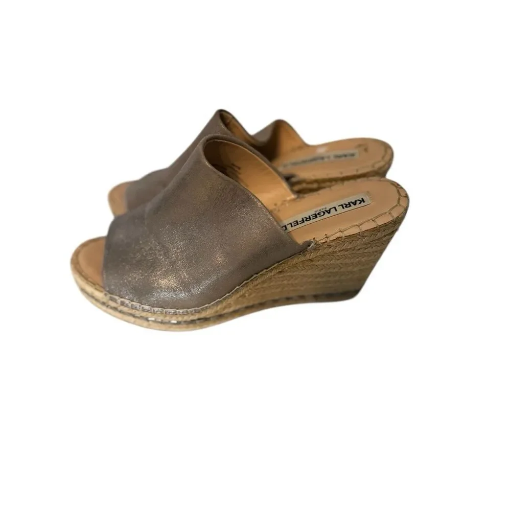 KARL LAGERFELD Women's Carina Slip on Espadrille Wedge Sandal Gold Sz M Designer